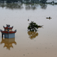A farmer catches fish in a flooded village after a tropical depression in Hanoi on Oct. 13.